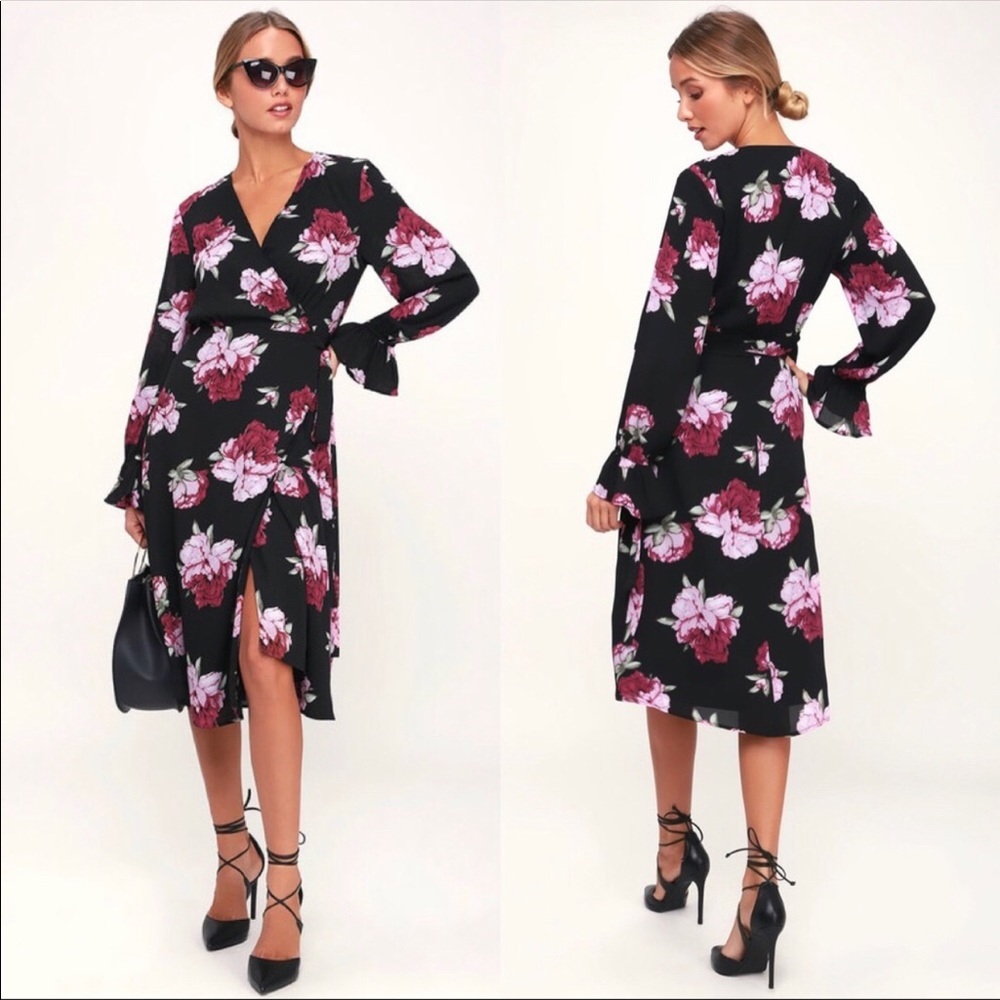 Lulus’ Romantic Blooms Floral Midi Wrap Dress